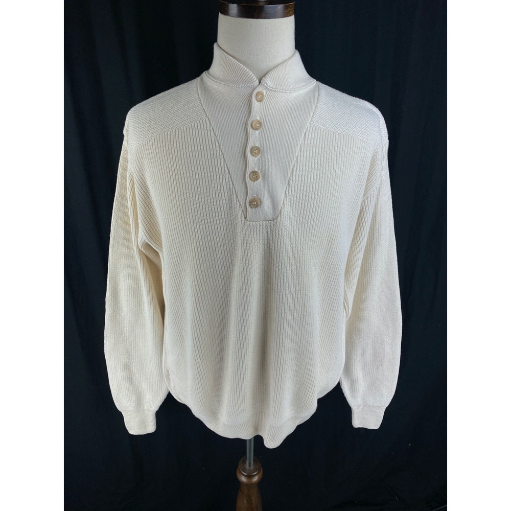 Vtg L.L. Bean Sweater Mens Large Henley Cream Cotton USA Fisherman Knit Stains